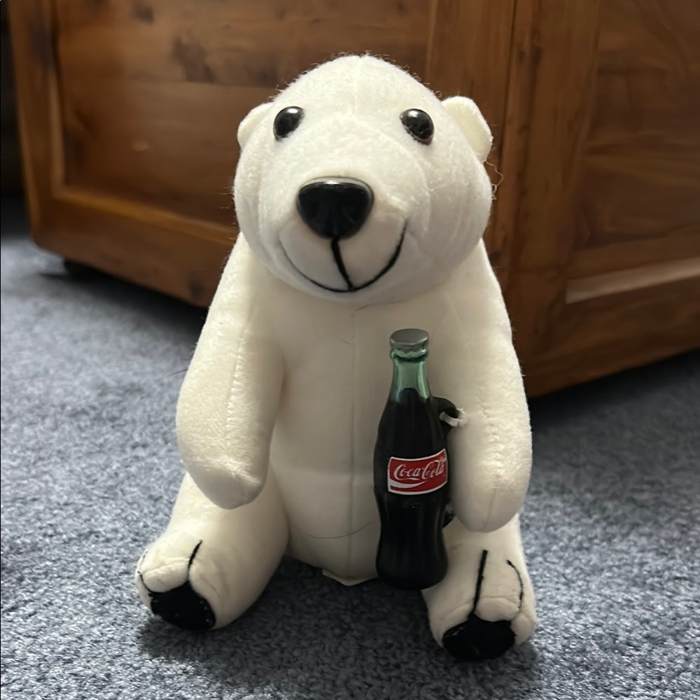1993 Promotional Coca-Cola White Polar Bear stuffed toy with Classic Coke Bottle